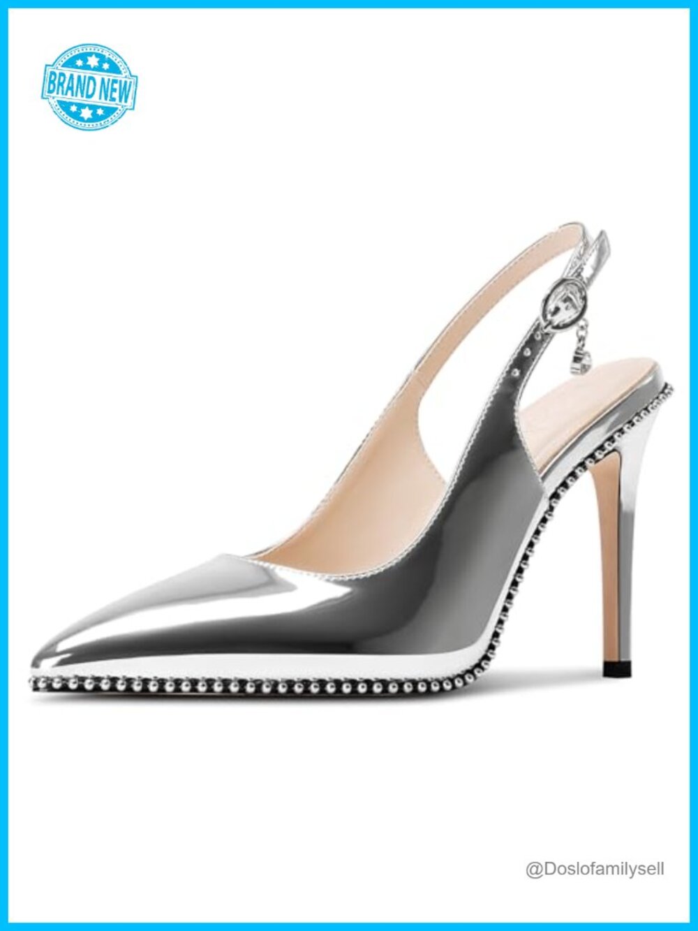 Beaded Slingback Pumps High Stiletto Heel Pointed Toe Slip-on Patent Leather